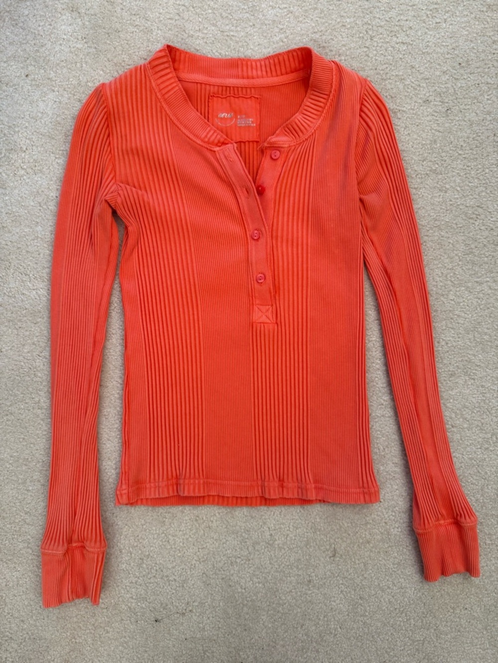 Aerie Road Trip Ribbed Long Sleeve Henley Top Starburst Coral Orange XS
